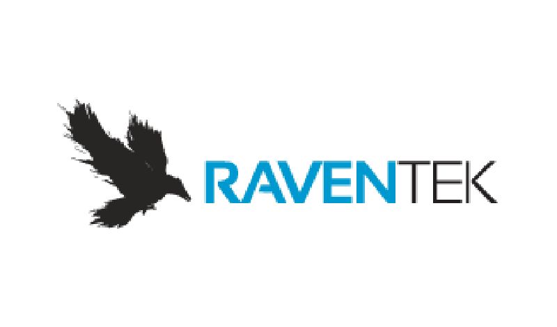 Logo of raventek featuring a stylized black raven on the left with the company name in bold, capitalized letters to the right.
