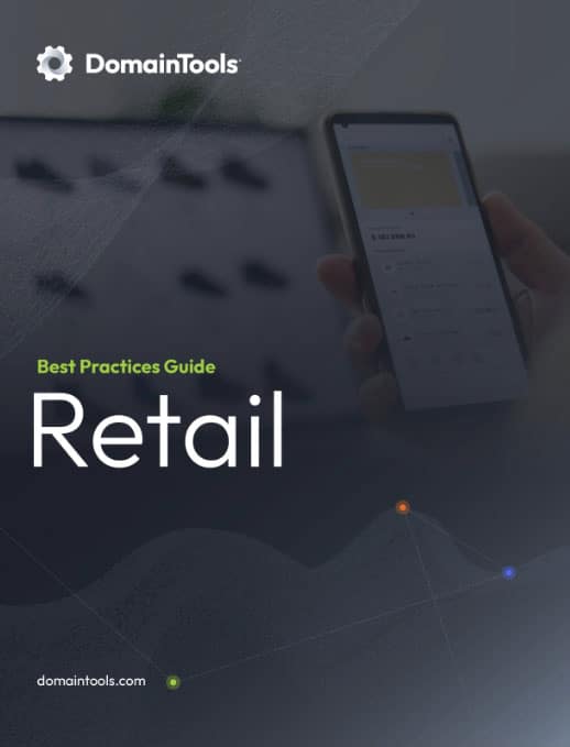 A promotional image featuring a smartphone displaying a webpage, overlaid with the text "best practices guide retail" and the domaintools logo, set against a blurred digital background.
