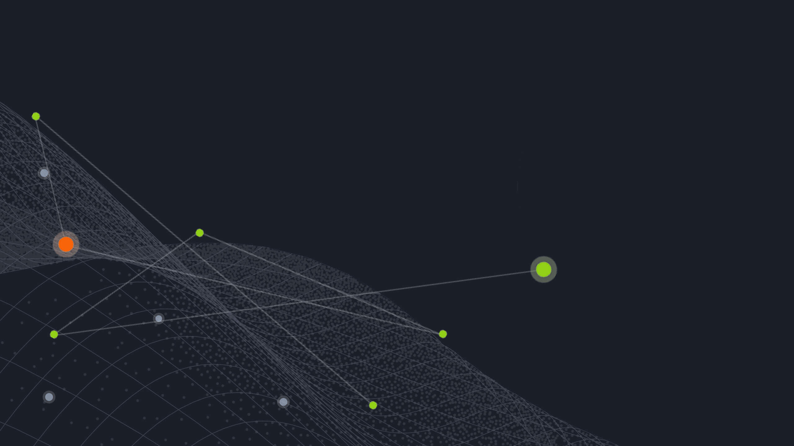 An abstract network visualization with interconnected lines and nodes on a dark background. nodes are colored differently, with one prominent orange and another green.