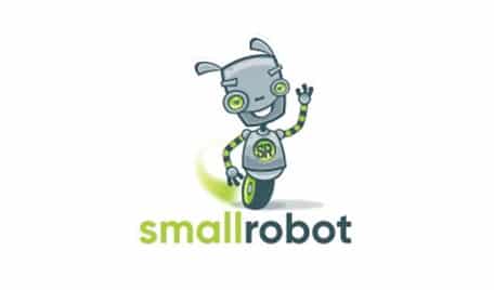 A friendly-looking small robot with one wheel, waving, with the text "smallrobot" below it. the robot appears cheerful with a light blue and gray color scheme.