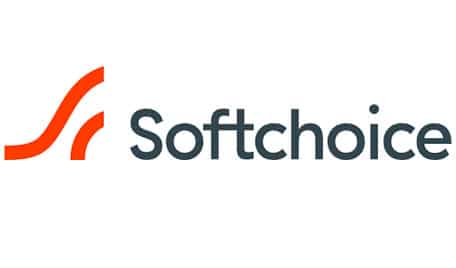 Logo of softchoice featuring a stylized orange swoosh next to the gray text "softchoice".