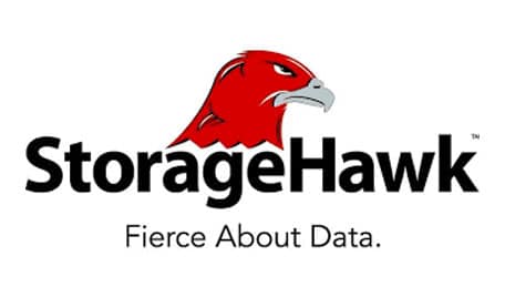 Logo of storagehawk featuring a red hawk head above the name with the tagline "fierce about data" below in black text.