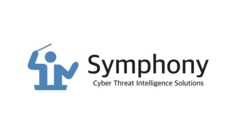 Logo of symphony cyber threat intelligence solutions featuring a stylized icon of a person with a shield and a sword above the company name in blue and gray text.