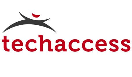 Logo of "techaccess" featuring a stylized black swoosh above the lowercase red text, with a red dot accenting the letter 'i' in "tech.