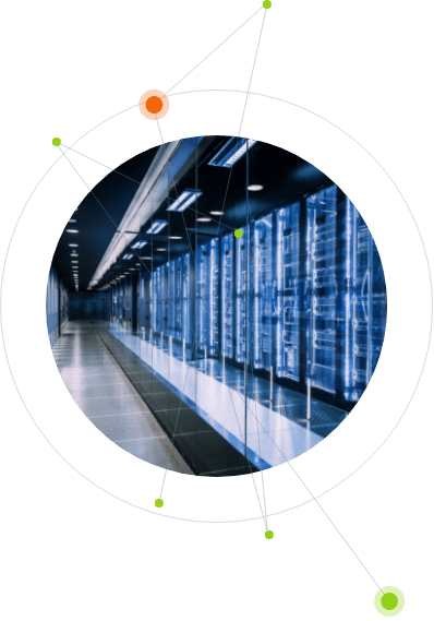 A stylized image of a long corridor with blue-lit server racks lined on one side, overlaid with a green circular graphic featuring connected data points related to technology security.