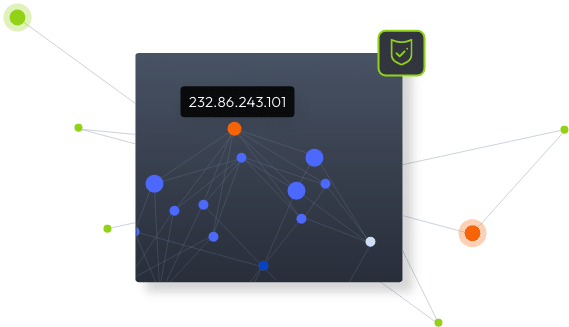 Graphic of a network visualization on a dark background with an ip address at the top and various connected nodes in colors like green, blue, and orange, highlighting technology security connections.