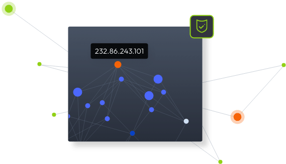 Graphic of a network visualization on a dark background with an ip address at the top and various connected nodes in colors like green, blue, and orange, highlighting technology security connections.