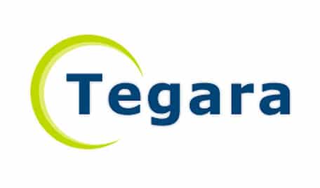 Logo of "tegara" featuring stylized blue text with a green and light green circular emblem to the left.