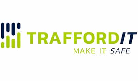 Logo of trafford it featuring stylized blue and green bars on the left, bold text "trafford it" in dark blue, and the slogan "make it safe" in green beneath.