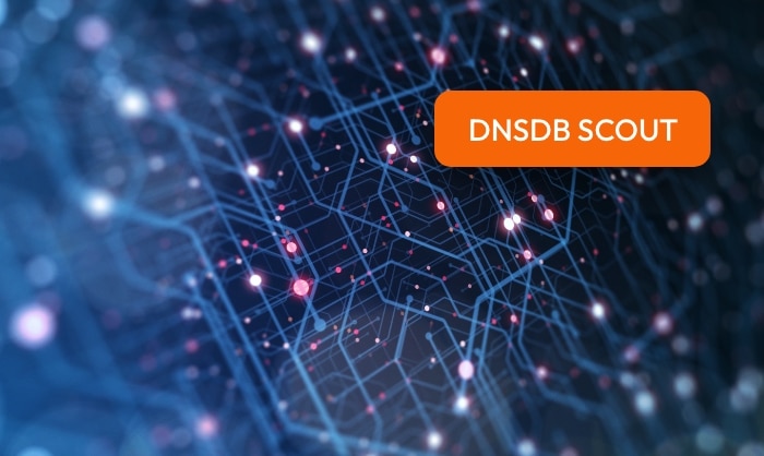 Digital network background featuring interconnected nodes and lines in blue, highlighted with pink points, overlaid with an orange label that reads "dnsb scout.