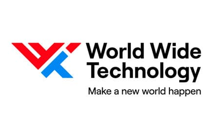 Logo of world wide technology featuring a red and blue 'w' icon next to the company name and slogan "make a new world happen" in black text.