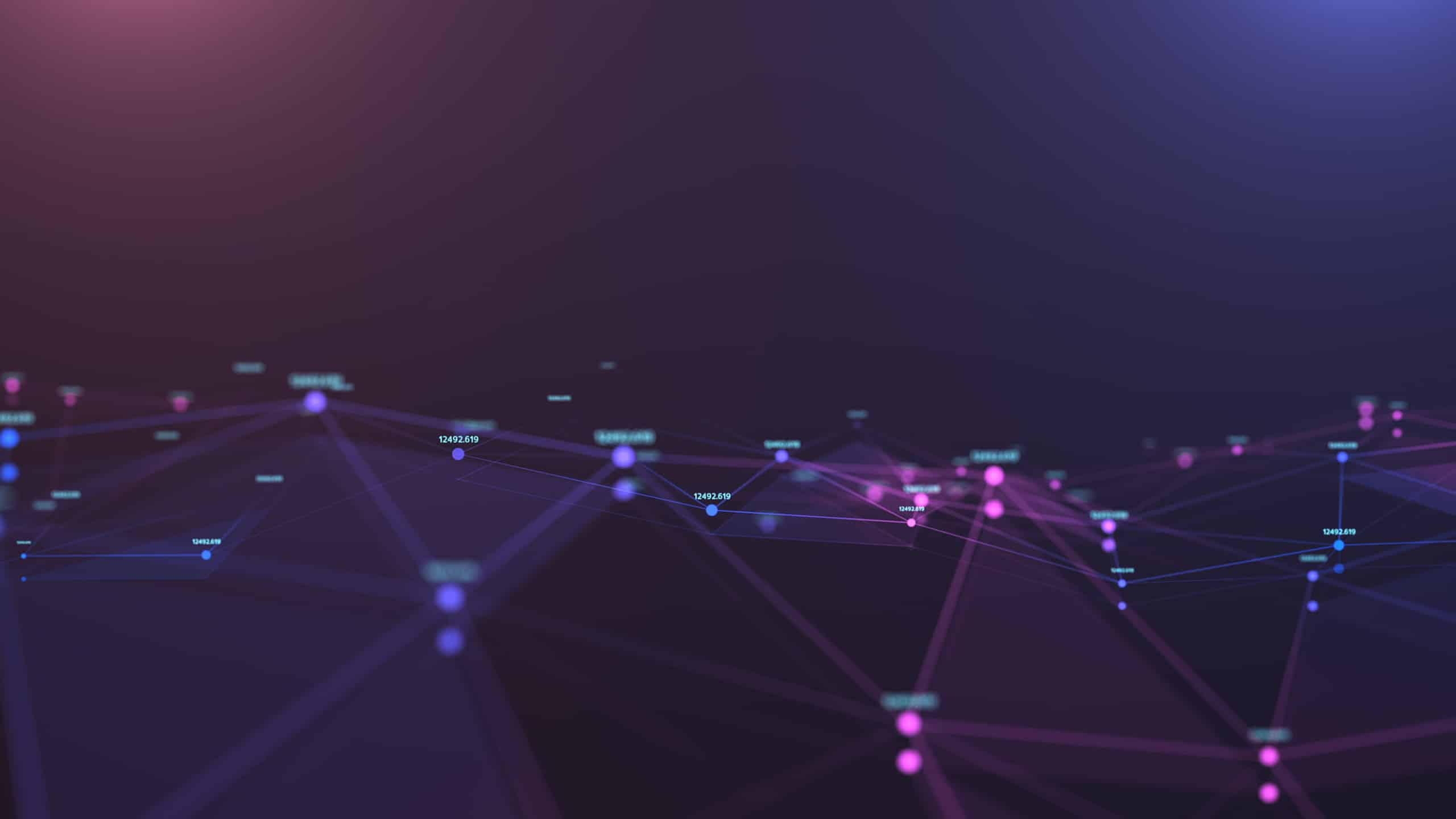 Abstract digital network with nodes connected by lines on a dark blue and purple gradient background, representing a concept of connectivity, data transfer, or technology infrastructure.