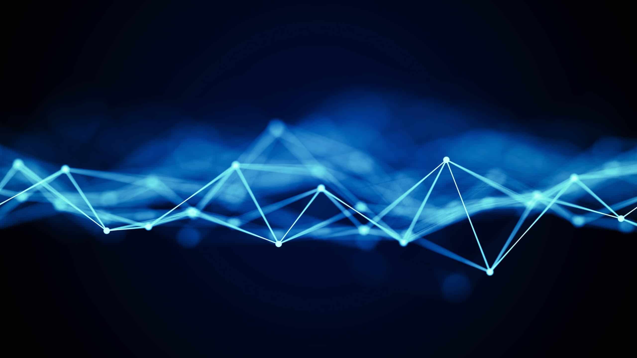 Abstract digital background featuring blue glowing interconnected lines forming peaks and valleys on a dark blue backdrop, symbolizing network connectivity or data flow.
