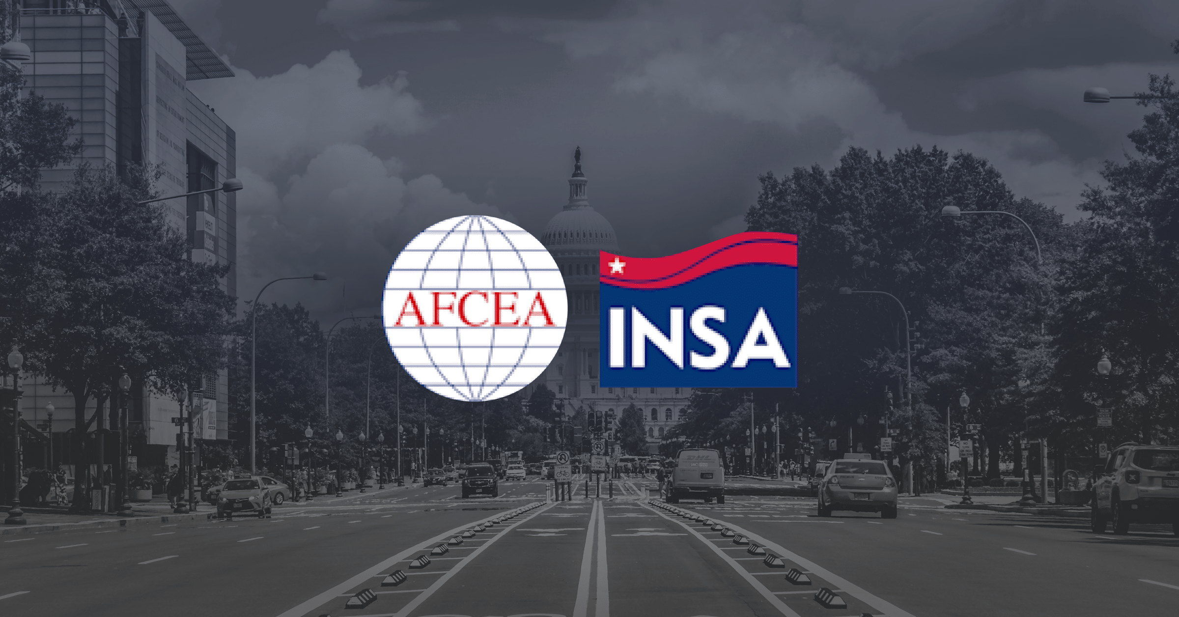 A grayscale photo of a Washington, D.C. street with the U.S. Capitol in the background. The AFCEA and INSA logos are prominently displayed in the center of the image.