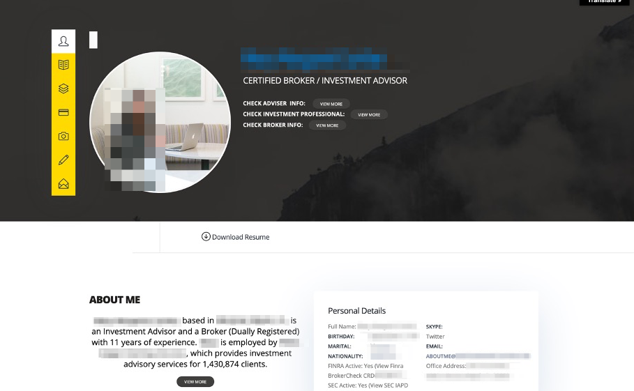A professional profile webpage displaying a blurred profile photo, certification as a broker/investment advisor, download resume button, and sections for biography and personal details. Most personal information is obscured.