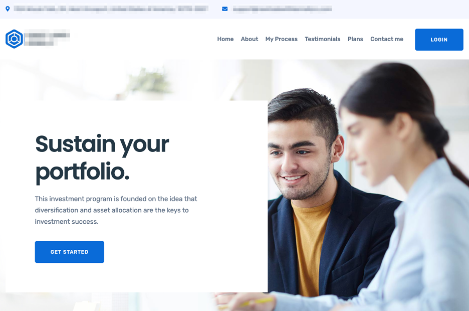 Two people sit together and smile while looking at documents. Text on the left reads, “Sustain your portfolio,” with a caution about financial advisor impersonation FINRA alongside investment programs and a blue “Get Started” button. Website menu is visible at the top.