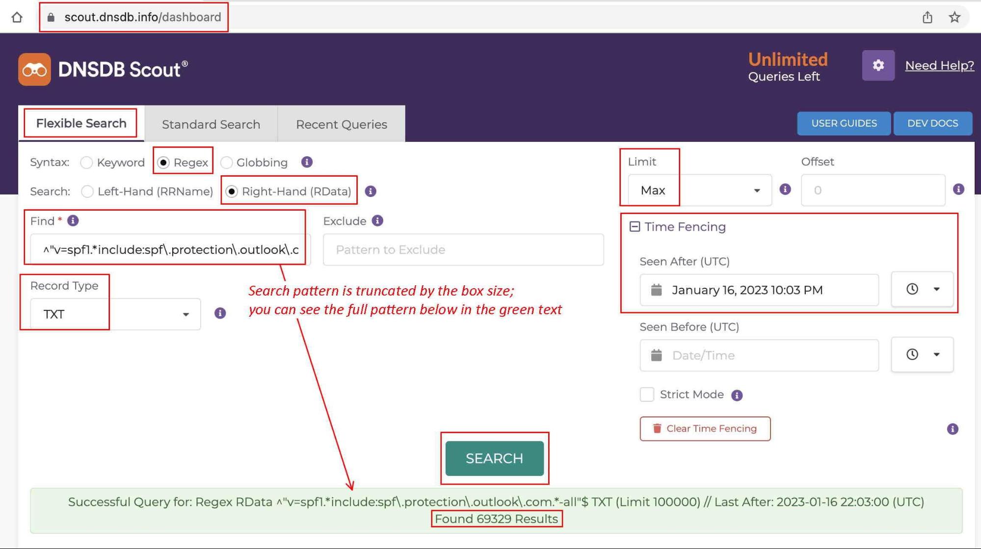 Screenshot of the DNSDB Scout web dashboard using DNSDB Flexible Search to find matching rdata in TXT records with a regex pattern. The search returned 63,239 results, highlighted at the bottom in green.