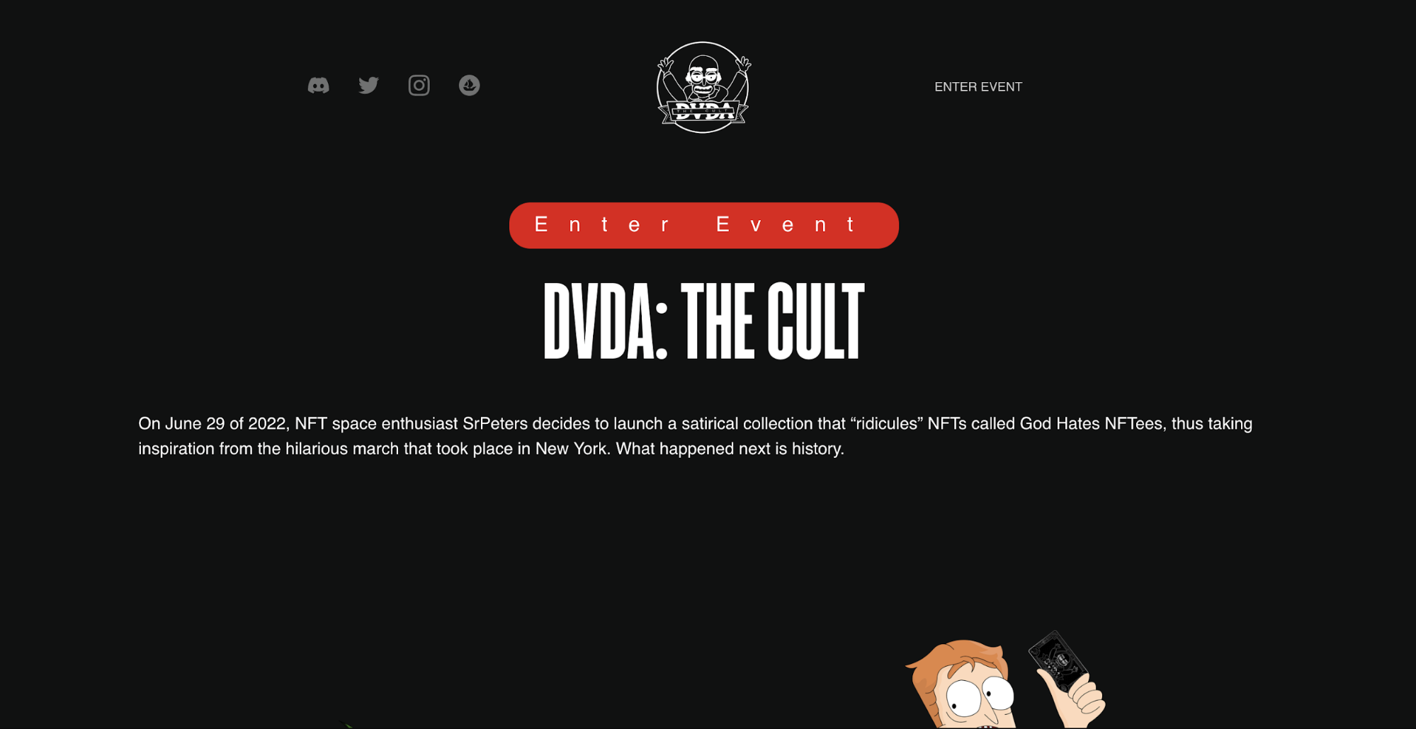 A black webpage with a skull logo and "ENTER EVENT" button showcases "DVDA: THE CULT," a satirical NFT collection launched on June 20, 2022, inspired by the "God Hates NFTs" march—warning how fraudsters impersonate Ukraine's government. Cartoon hand at the bottom.