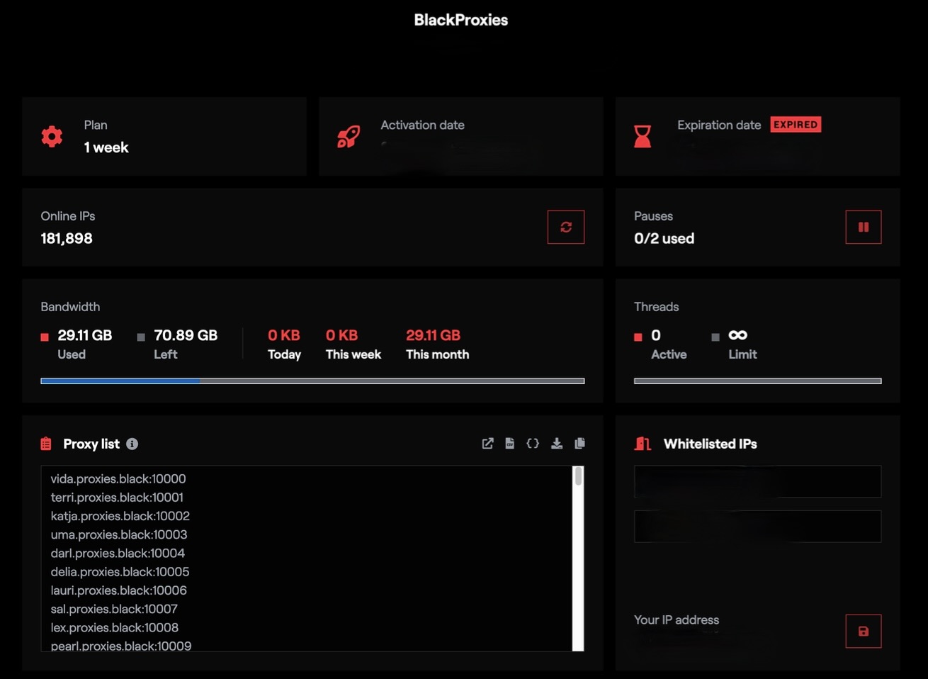 A dashboard for "BlackProxies" displays proxy usage stats: plan duration, expired activation date, bandwidth left and used, thread and pause status, a proxy list, and whitelisted IPs on a black background.