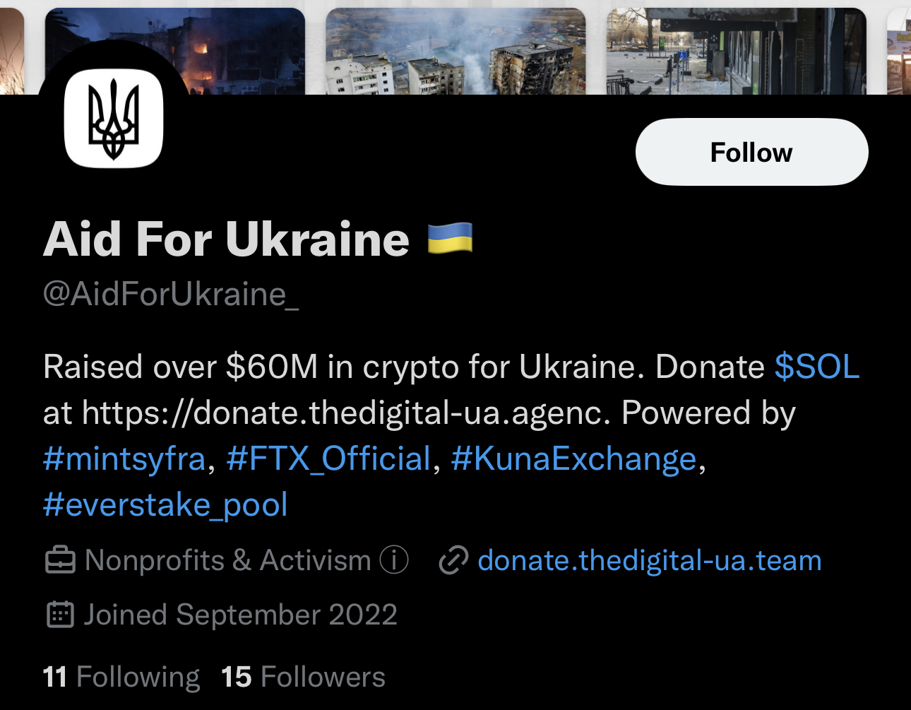 Twitter profile for "Aid For Ukraine" featuring their logo, a Ukrainian trident, and a description stating they raised over $60M in crypto donations for Ukraine—warning: fraudsters impersonate Ukraine's government. Includes hashtags and a 🇺🇦 emoji.