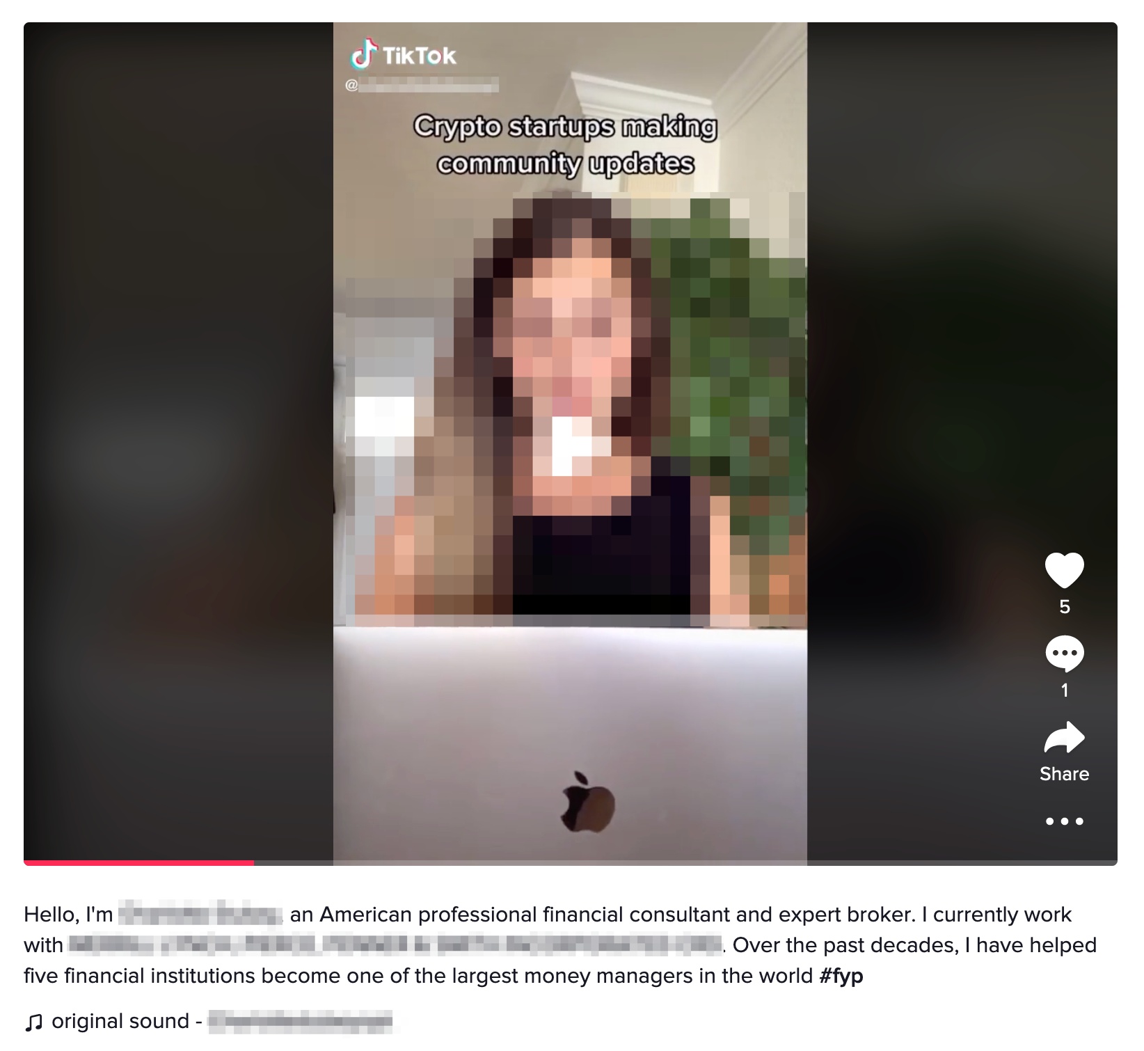 A person sits behind a laptop in a TikTok video with the text “Crypto startups making community updates” displayed at the top. Social media icons and engagement stats are visible on the right side of the screen.