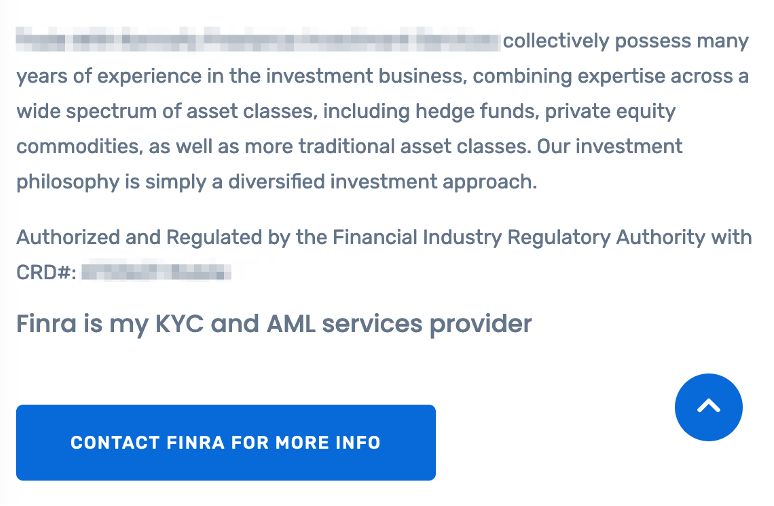 A section of a financial firm's website highlights their investment expertise, notes FINRA regulation to prevent financial advisor impersonation, and describes FINRA as their KYC and AML services provider. A blue button reads, "Contact FINRA for more info.
