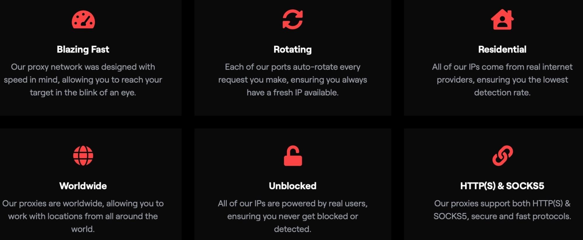 A grid of six black boxes, each with a red icon and white text describing proxy features: Blazing Fast, Rotating, Residential, Worldwide, Unblocked, and HTTPS/SOCKS5 support.
