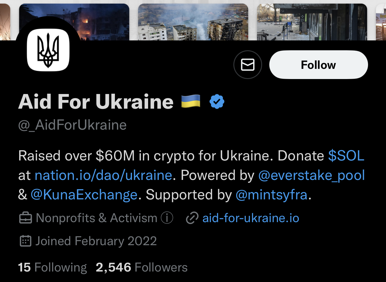 Twitter profile of "Aid For Ukraine" 🇺🇦, highlighting over $60M raised in crypto donations for Ukraine and links to supporting organizations. Beware: fraudsters impersonate Ukraine's government—always verify before donating. Header shows damaged buildings.