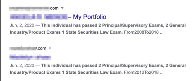 Search results listing two entries with email addresses blurred, dates of June 2, 2020, and text stating the individual passed several financial exams, including Principal/Supervisory, General Industry/Product, and State Securities Law Exams.