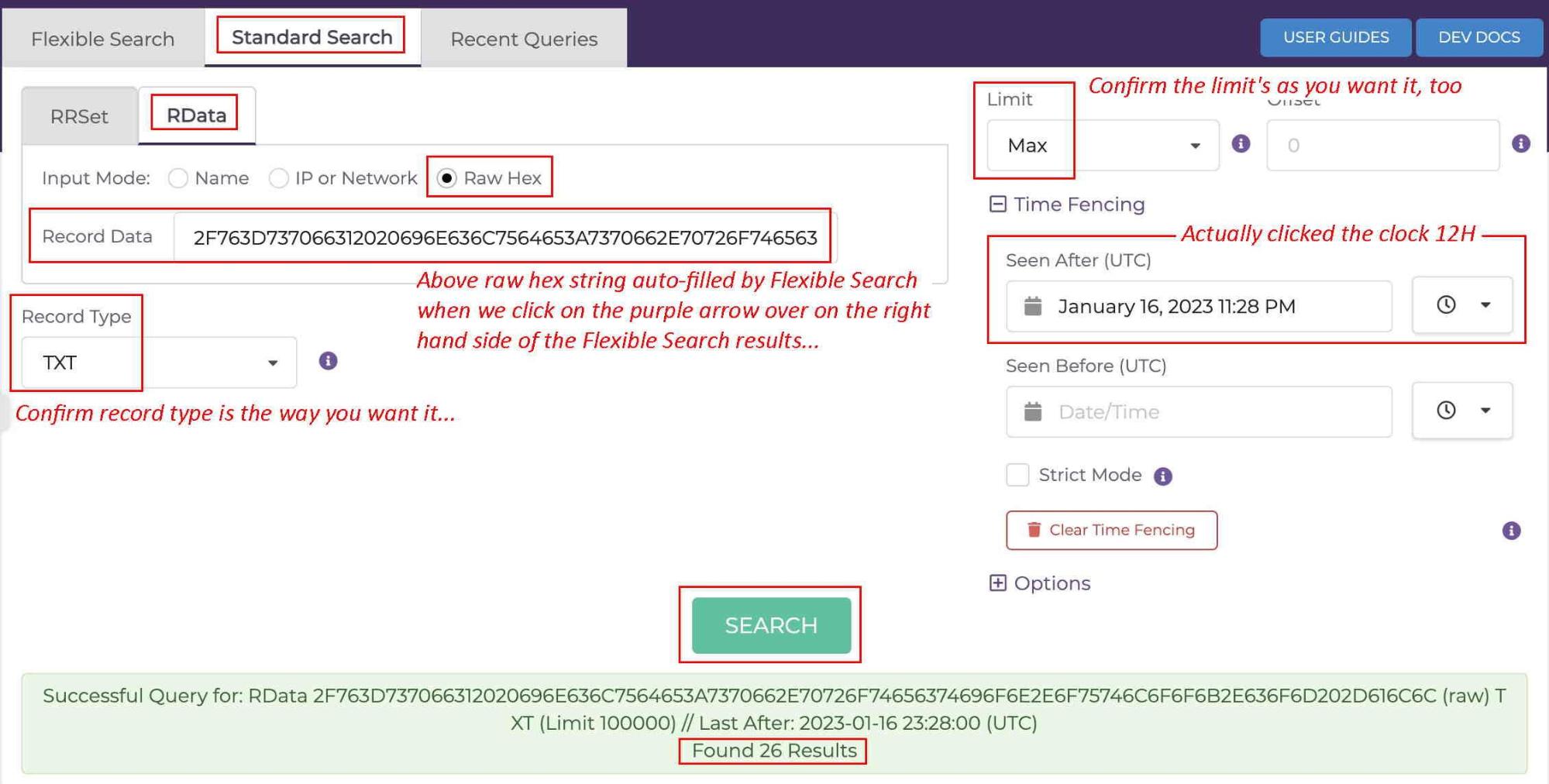A screenshot of a search tool interface, similar to using DNSDB Flexible Search to find matching rdata in TXT records, shows fields for data entry, options like "Record Data," "Raw Hex," a "SEARCH" button, and results indicating 26 found records.