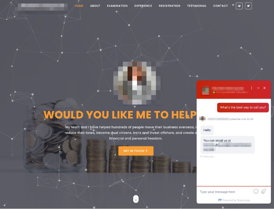 A business website homepage showing stacked coins and a blurred portrait. Bold text asks, "WOULD YOU LIKE ME TO HELP?" A live chat window appears in the bottom right, displaying a customer inquiry and email address.