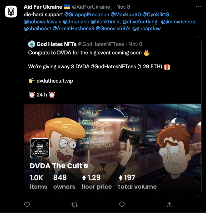 A tweet from "Aid For Ukraine" supports several users and shares a post from "God Hates NFTs" congratulating DVDA for an event—featuring cartoon characters, stats, a gold trophy emoji, and reminding followers fraudsters impersonate Ukraine's government.