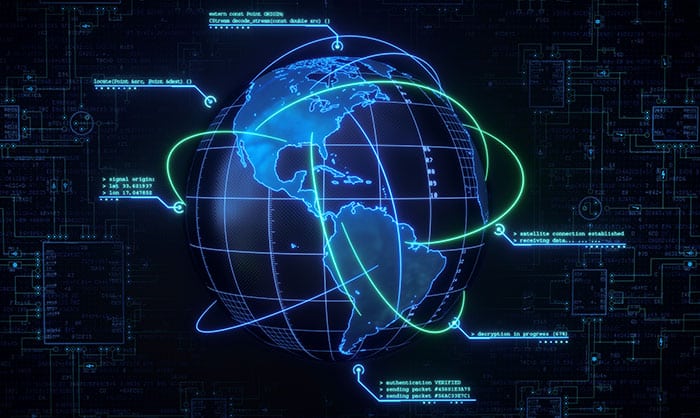 Digital graphic of a glowing, neon globe with highlighted continents and circuits background, symbolizing global connectivity and data technology.