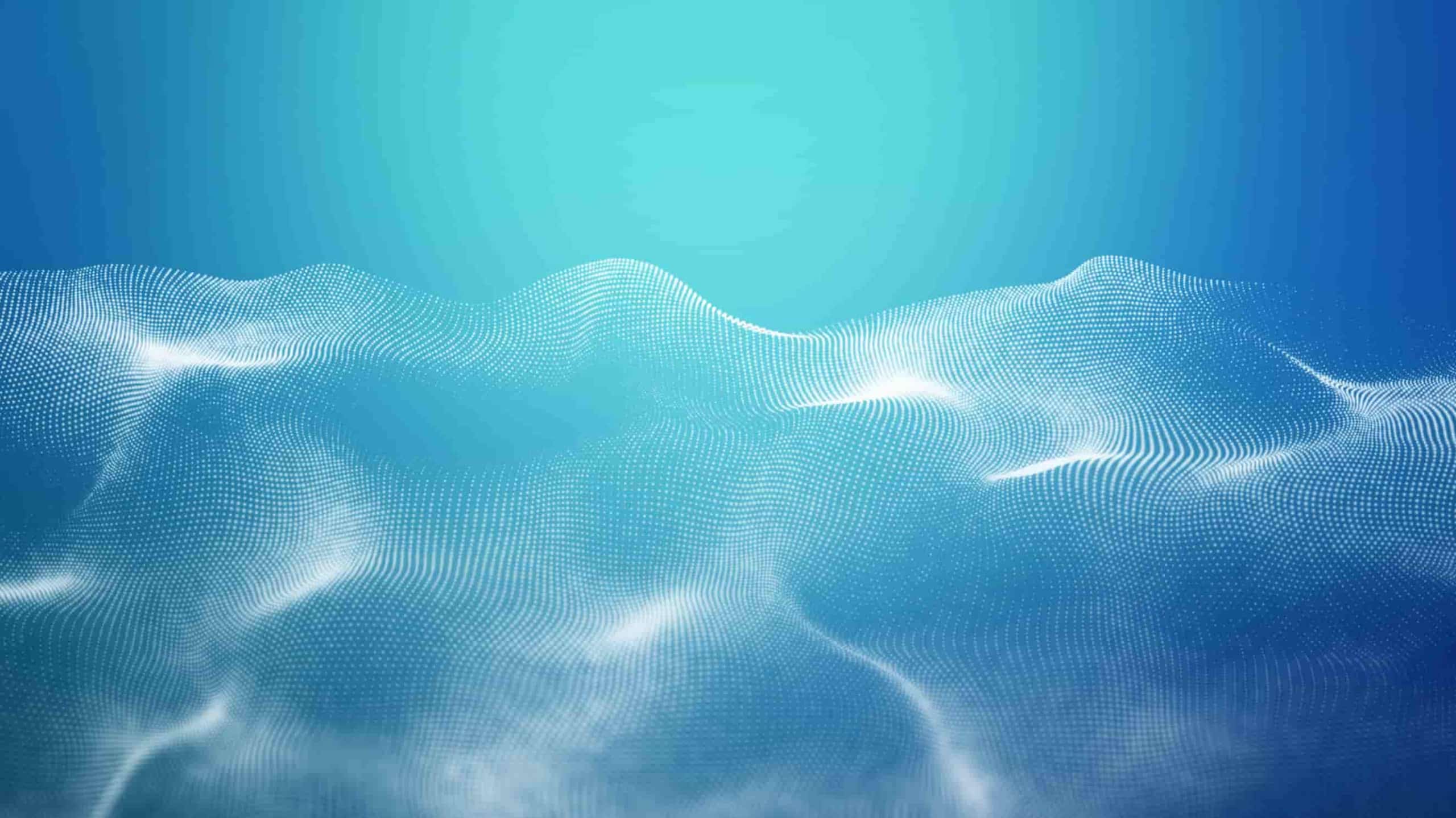 Abstract digital landscape with flowing blue grid pattern simulating ocean waves under a glowing sun. the image portrays a digital or virtual reality seascape with a tranquil and futuristic feel.