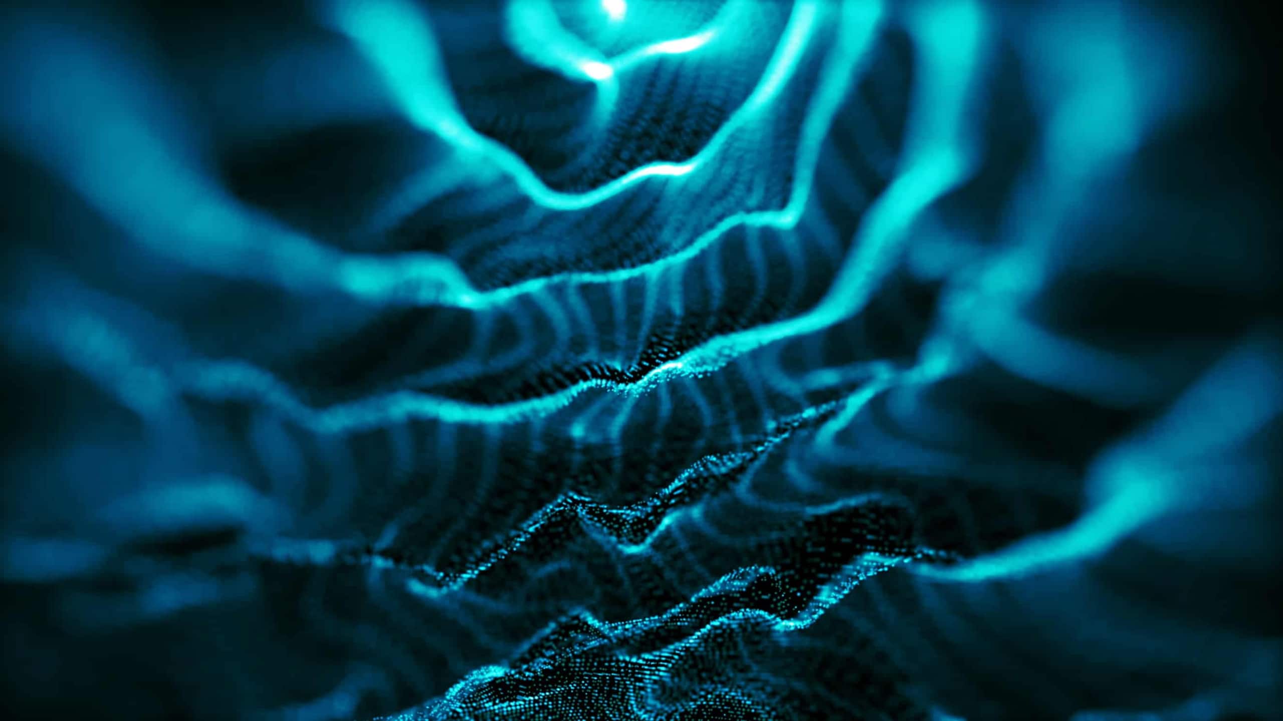 Abstract digital background depicting waves of blue neon grid lines on a dark backdrop, suggesting a visual representation of data flow or network activity.