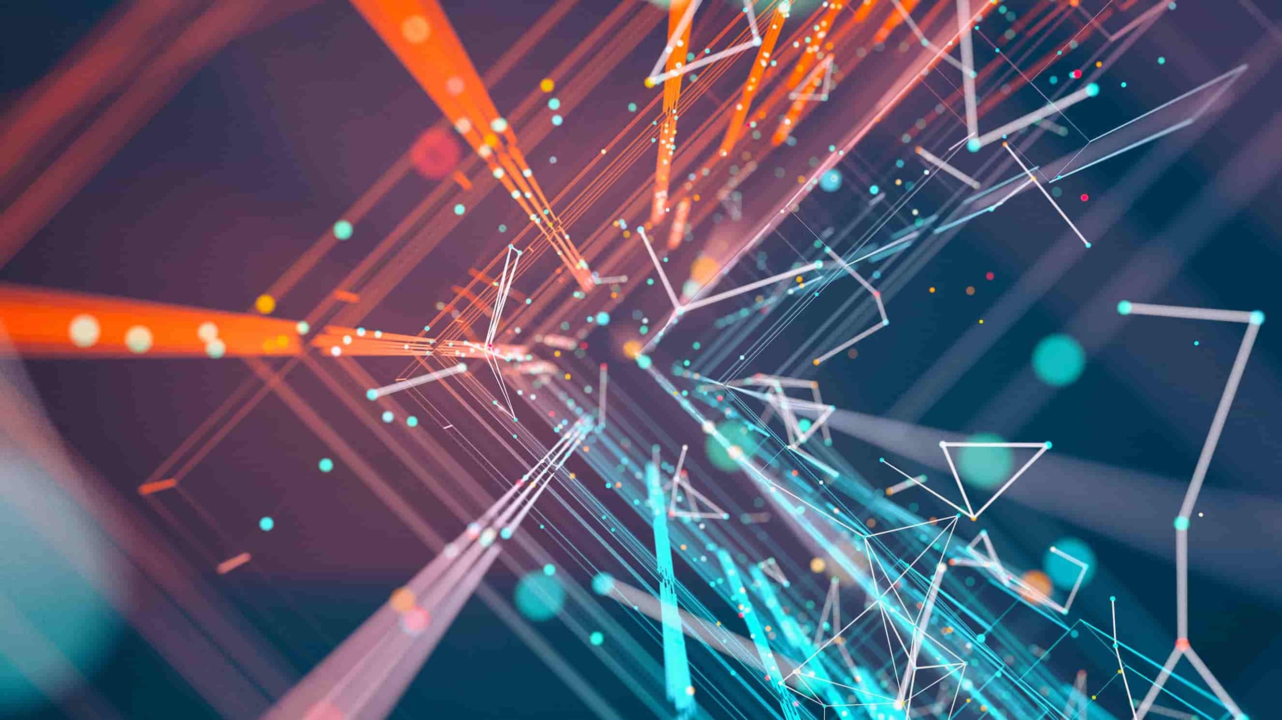 Abstract digital art featuring glowing lines and geometric shapes in orange and blue, conveying a sense of technological connectivity or data flow.