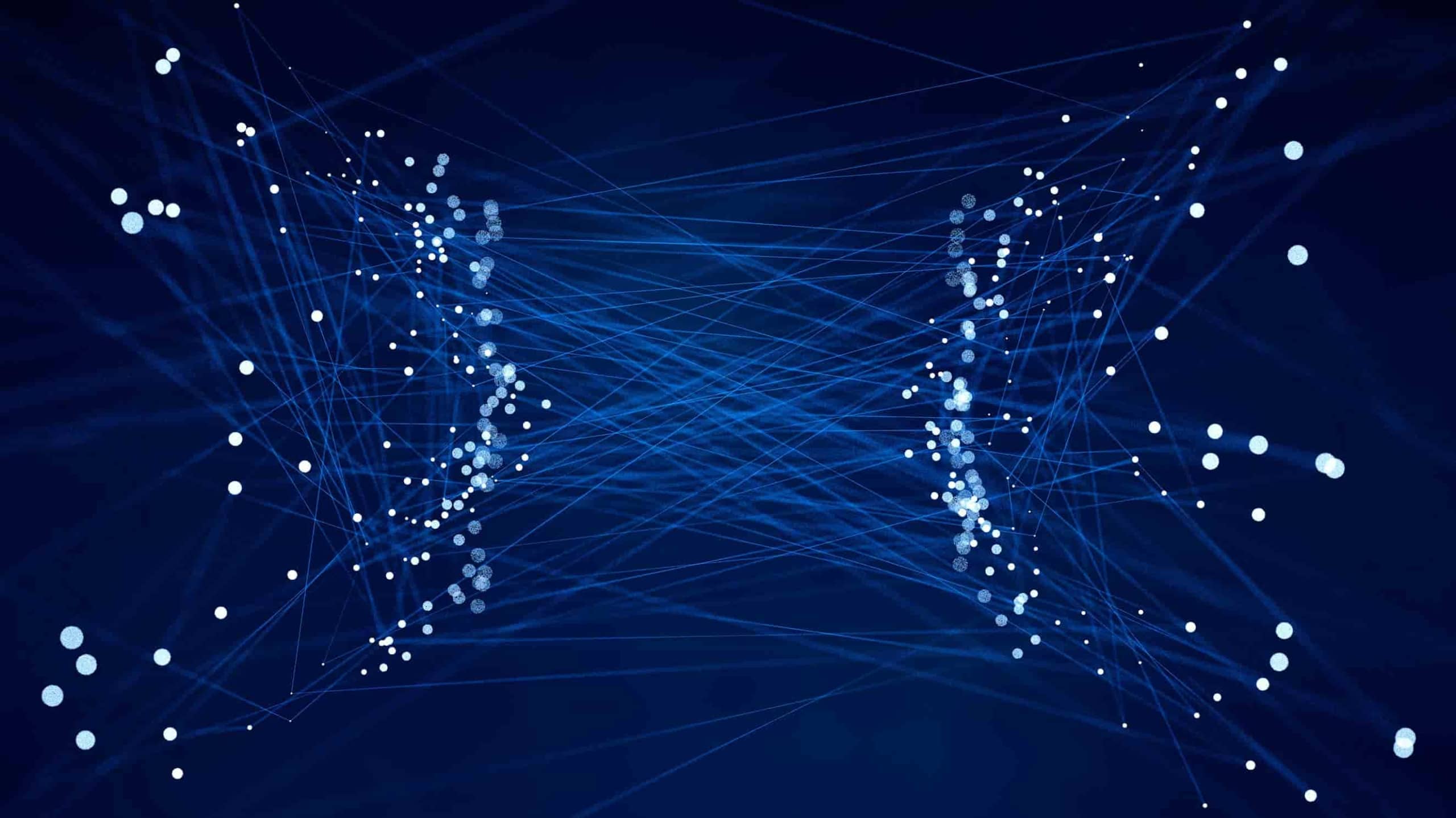 An abstract image of white dots connected by thin blue lines on a dark blue background, representing a network or data connections.