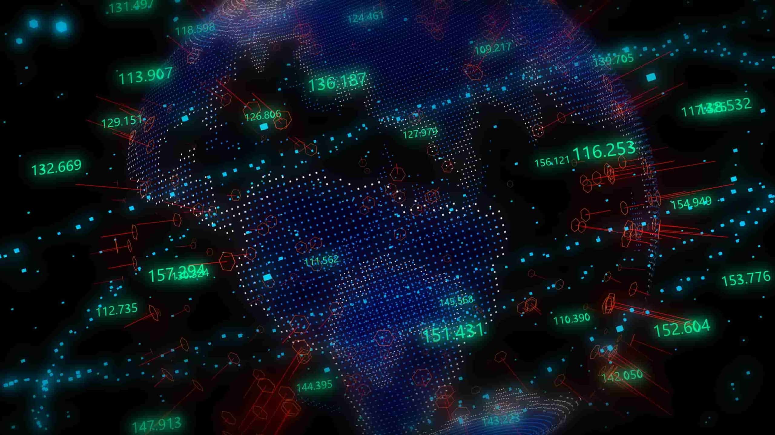 Abstract digital image featuring a network of blue and red dots connected by lines overlaid with various numerical data points in white and red, suggesting a visualization of a complex dataset or network analysis.