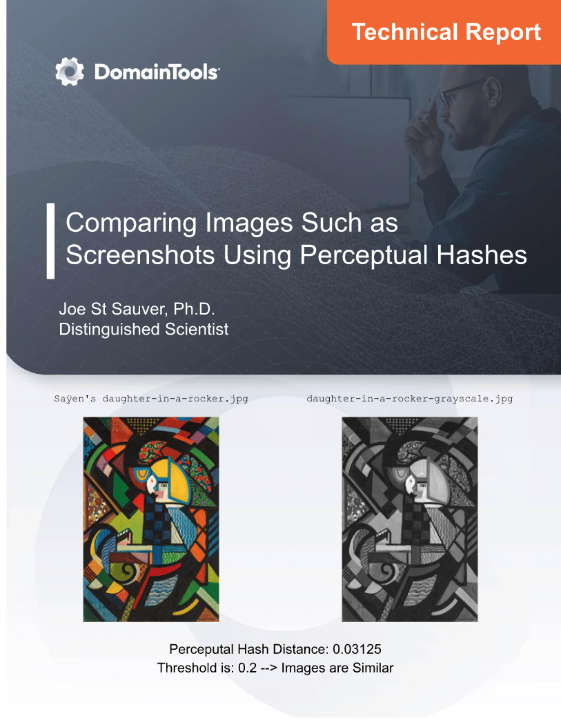 Technical report cover from domaintools titled "Comparing images such as screenshots using perceptual hashes" featuring a man in deep thought and two similar abstract artworks compared below with their respective perceptual hash values
