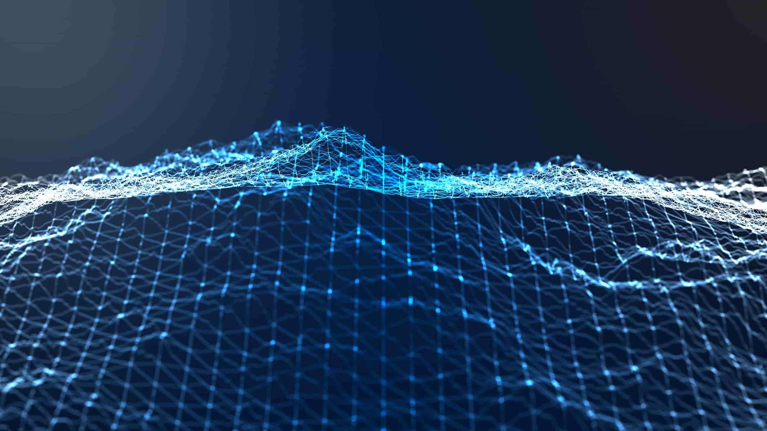 Abstract digital image showing a 3d mesh landscape in shades of blue, resembling a glowing, undulating digital ocean against a dark background.