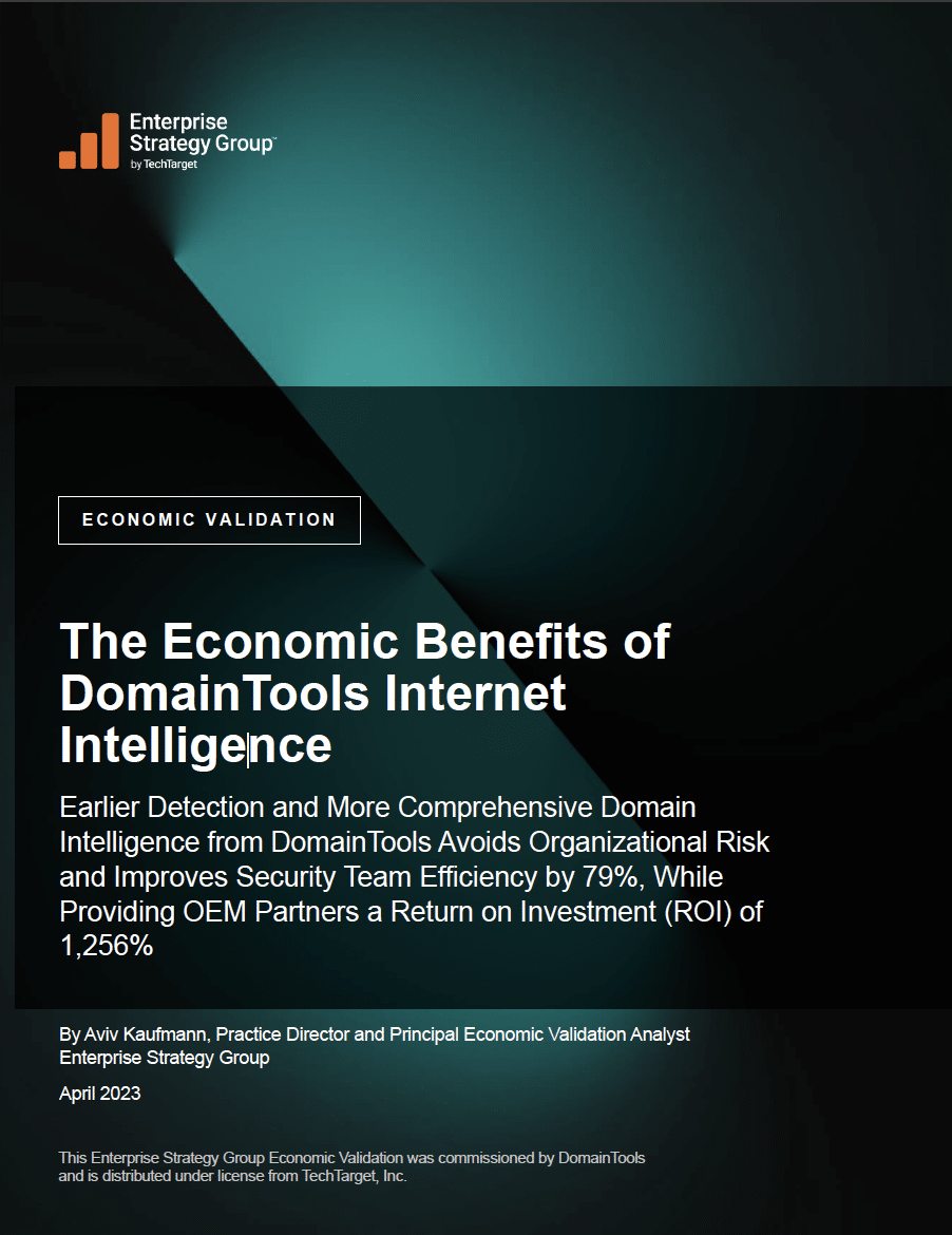 A digital report cover from "enterprise strategy group" with the title "the economic benefits of DomainTools internet intelligence integration", discussing improvements in security efficiency and ROI, authored by Avi Prasad.