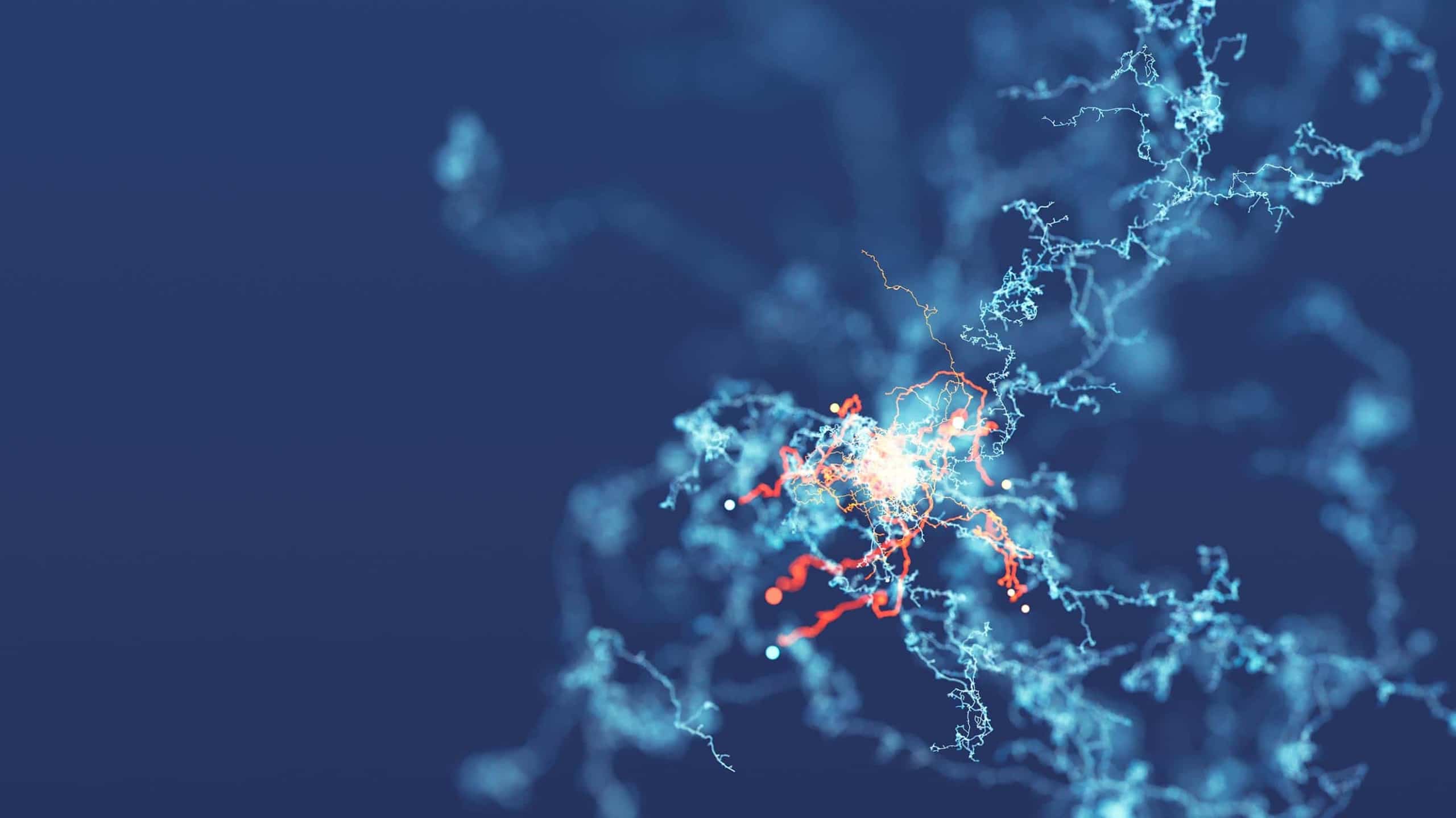 Digital illustration of a complex molecular structure glowing in blue and orange hues against a dark blue background, representing scientific research or molecular biology.
