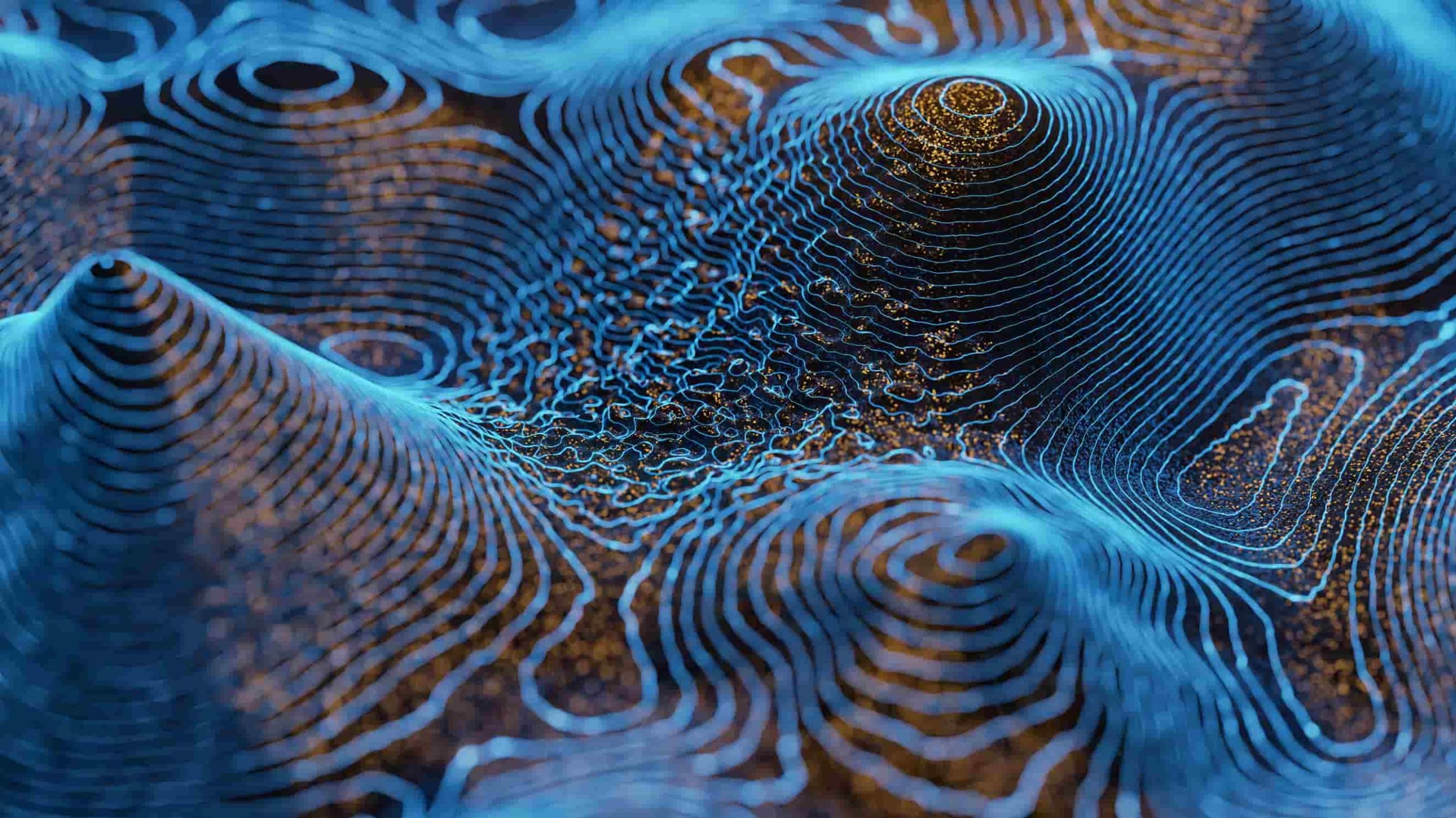 Abstract digital art depicting a topographic-like pattern in shades of blue and orange, with intricate lines resembling contour maps or waves, creating a three-dimensional effect.