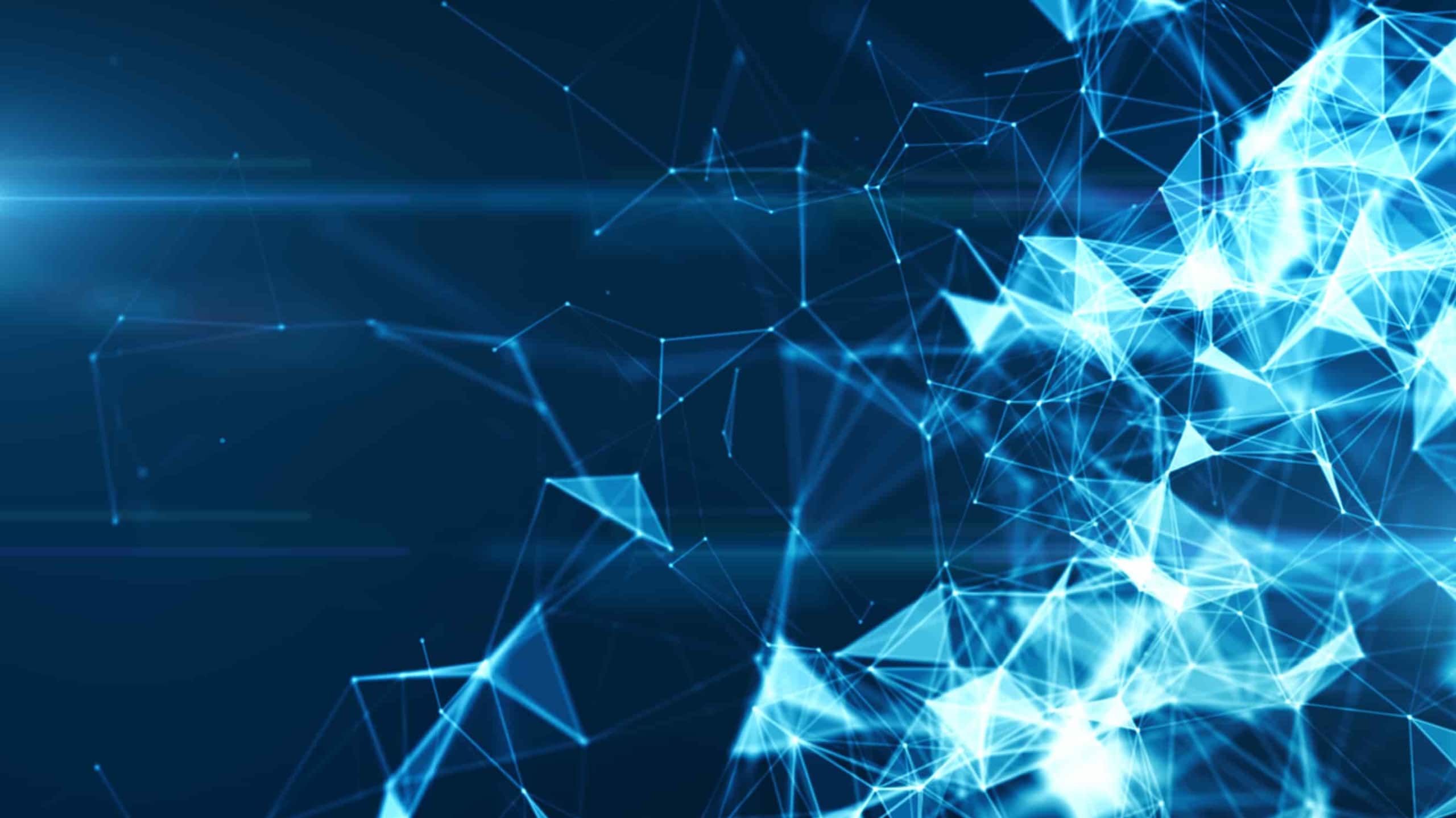 Abstract digital background of glowing blue lines and triangles forming interconnected nodes on a dark backdrop, representing a network or data connectivity concept.