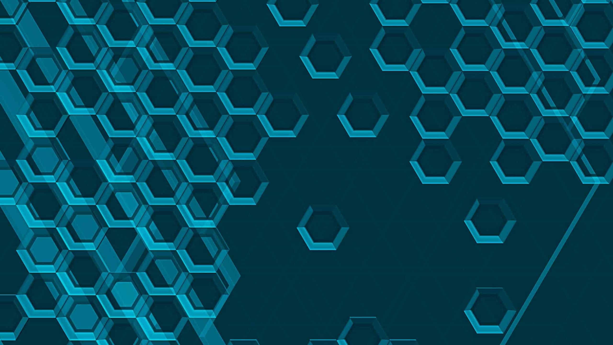 Abstract background featuring a pattern of overlapping hexagons in varying shades of blue, creating a 3d effect with a diagonal gradient from dark to light blue.