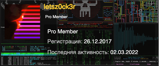 UfoLabs Russian-language hacking forum profile card for user “letsz0ck3r.”