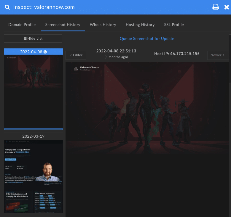 Figure 12: DomainTools Iris Investigate screenshot history feature reveals how the domain valorannow[.]com first began as a cryptocurrency giveaway scam.