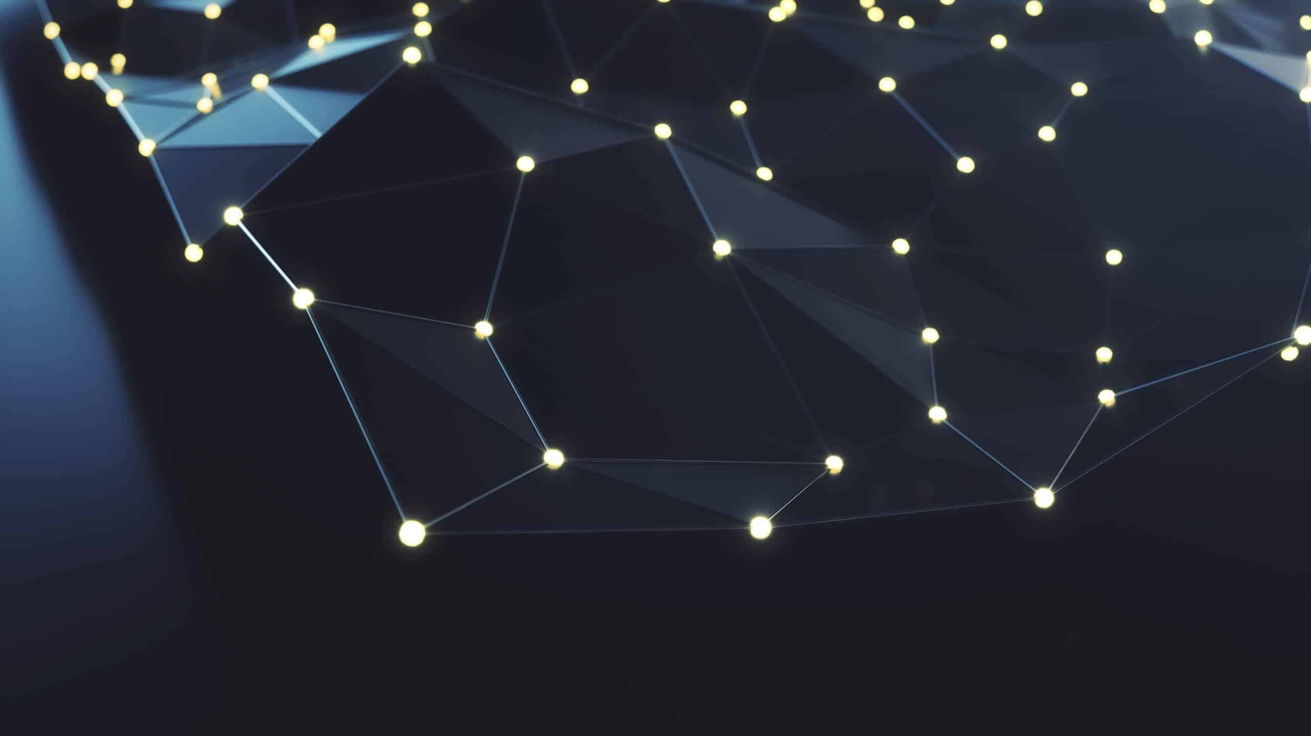 Abstract digital network connection with illuminated dots connected by lines on a dark background, representing a concept of technology, internet, or data communication.