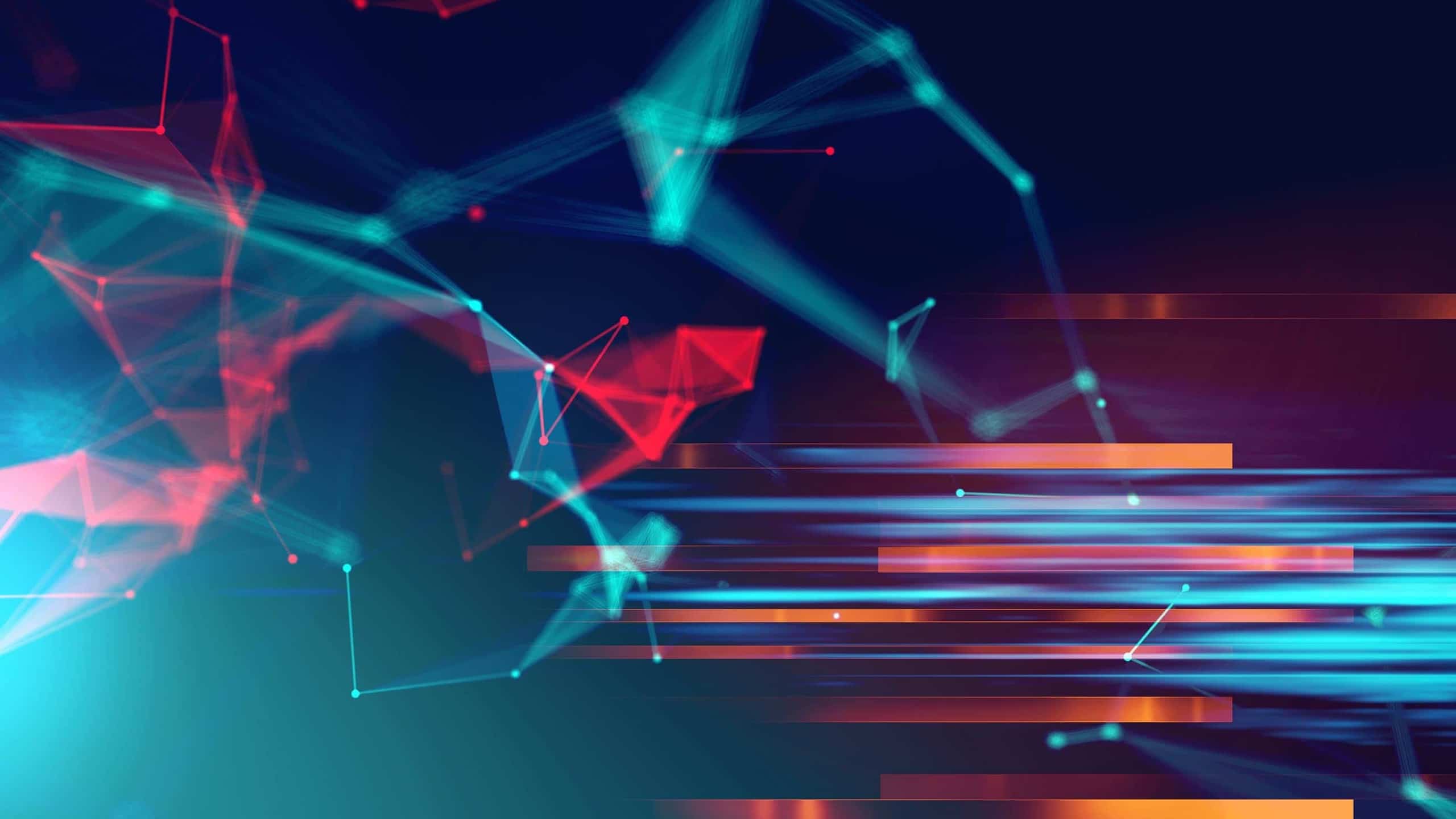 Abstract digital art with vibrant blue and red geometric shapes connected by glowing lines, creating a dynamic sense of motion against a dark background.