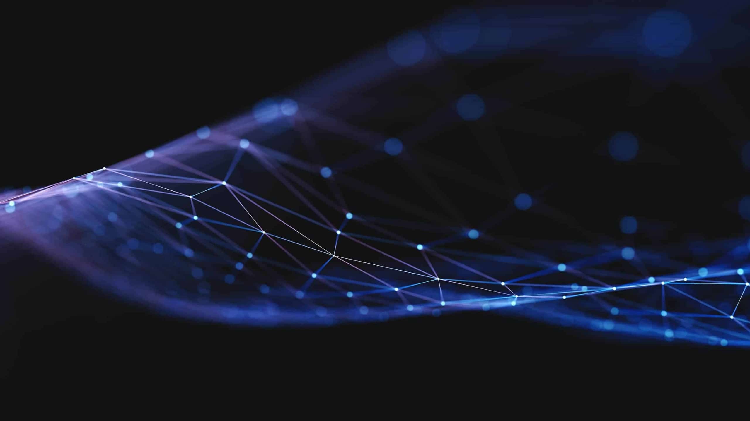 Abstract image of a digital network, featuring glowing blue nodes connected by lines on a dark background to represent modern technology or data connection.